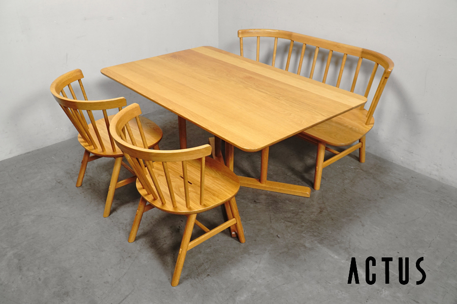 全体　ACTUS(アクタス) MINT(ミント) オーク無垢材 ダイニングテーブル+ベンチ+チェア2脚セット　アドア東京